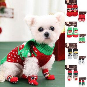 4Pcs Christmas Pet Dog Cat Santa Socks Puppy Winter Cute Print Warm Idoor Shoes