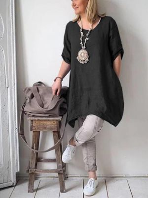 Women Pure Color Cotton Linen Half Sleeve Shirt Dress