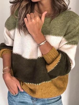 Women Casual Striped Color-Block O-Neck Long Sleeve Sweaters