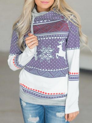 Women Christmas Deer Print Turtle Neck Long Sleeve Hooded Sweatshirt