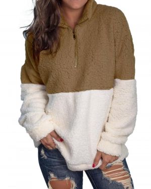 Women Fuzzy Fleece Long Sleeve Zip Up Pullover Sweatshirt