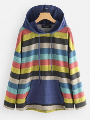 Women Contrast Color Stripe Patchwork Long Sleeve Hoodie Sweatshirt