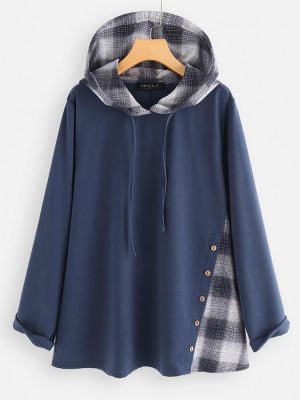 Women Patchwork Plaid Side Button Casual Hoodies Sweatshirts