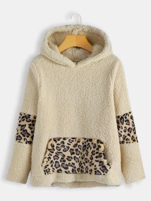 Women Fleece Leopard Patchwork Pocket Hooded Sweatshirt