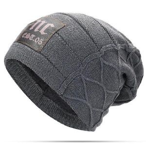 Mens Plus Velvet Thick Warm Knitted Hat Casual Letter Solid Slouchy Beanie Hat
