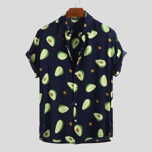 Mens Avocado Printed Summer Hawaiian Style Casual Vacation Fashion Shirts