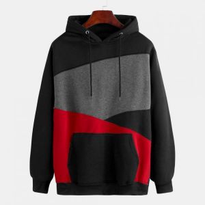 Mens Patchwork Color Insert Pocket Casual Long Sleeve Hooded Sweatshirt