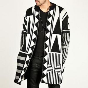 shopping חולצות וסוודרים Mens Black White Patchwork Mid Long Style Fashion Casual Knit Cardigans