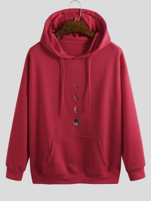 Men 100% Cotton Moon Print kangaroo Pocket Drawstring Hooded Sweatshirt