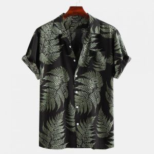 Pine Leaves Print Cotton Short Sleeve Relaxed Shirts