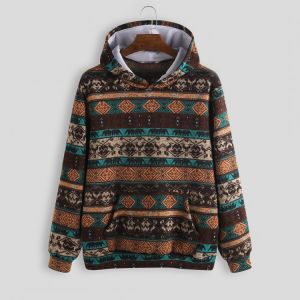 Mens Animal Printed Ethnic Style Casual Pocket Hooded Sweatshirt