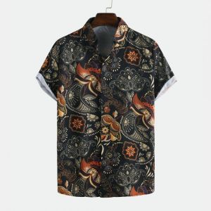 shopping חולצות וסוודרים Men Printed Retro Style Summer Casual Short Sleeve Lapel Shirts