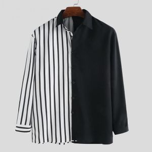 Men Stitching Pattern Black White Long Sleeve Fashion Shirts