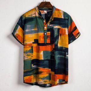 Mens Color Blocks Painting Summer Casual Printing Henley Shirts