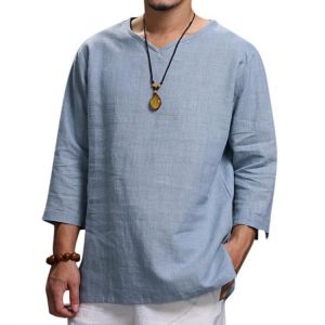 Ethnic Casual Men&#039;s Long-sleeved V-neck Solid Color Large Size Loose T-Shirts