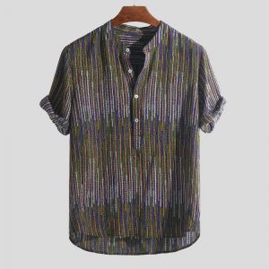 Mens Ethnic Style Printed Colorful Stripe Loose T-shirts Stand Collar Henley Shirts