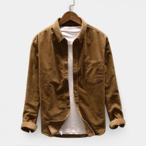 Men's Casual Corduroy Loose Pocket Design Turndown Collar Long Sleeve Shirts