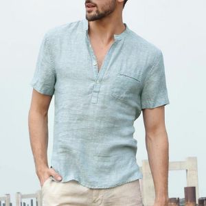 INCERUN Men's Button V-Neck Casual T-shirts Summer Short Sleeve Comfort Loose Solid Color Tops Tees