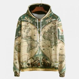 Mens Fashion World Map Adventure Printing Long Sleeve Hooded Sweatshirt