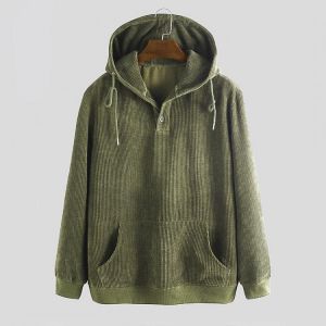 Corduroy Kangaroo Pocket Drawstring Hooded Sweatshirt