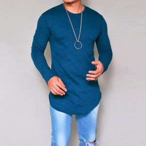 Mens Elastic Cotton Long Sleeve T-Shirts Solid Color Slim Long Basic Tees