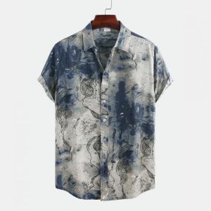 Men Abstract Printed Short Sleeve Turn Down Collar Casual Shirts