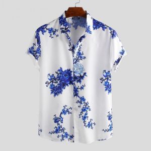 shopping חולצות וסוודרים Men Porcelain Floral Print Short Sleeve Relaxed Shirts