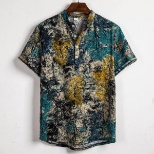 Mens Summer Loose Comfy Casual Printing Henley Shirts