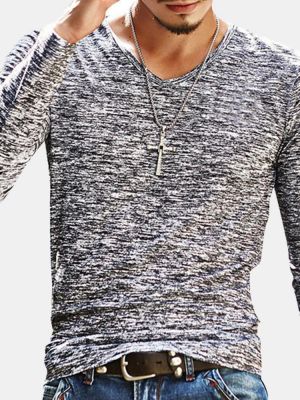 Men's Casual Solid Color Slim Fit Long-Sleeved V-Neck T-shirts