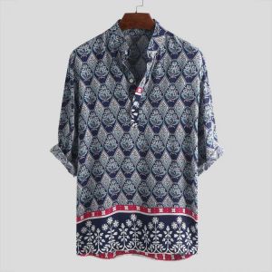 Charmkpr Men Ethnic Pattern Printed Half Sleeve Henley Shirts