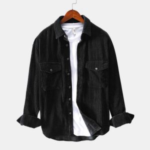 Mens Vintage Corduroy Big Chest Pocket Solid Color Long Sleeve Shirts