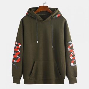 Mens Embroidery Snake Printed Insert Pocket Long Sleeve Hooded Sweatshirt