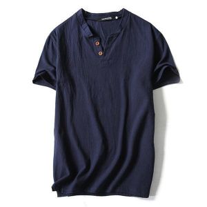Summer Mens Fashion V-neck Short Sleeved T-shirts Casual Breathable Loose Pure Color Flax Blouse Top