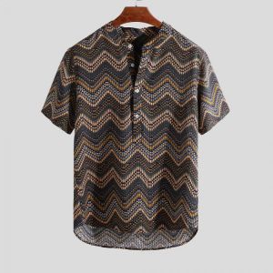 Mens Weave Striped Printed Chevron Stand Collar Short Sleeve Loose Henley Shirts