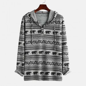 Mens Ethnic Style Elephant Printing Casual Long Sleeve Hooded Sweatshirt