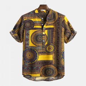 Mens Ethnic Style Printed Cotton Breathable Summer Henley Shirts T-shirts