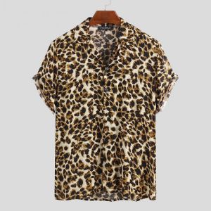 Mens Summer Loose Fashion Handsome Leopard Printing Shirts