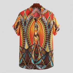 Mens Summer Stand Collar Ethnic Printed Holiday Casual Henley Shirts