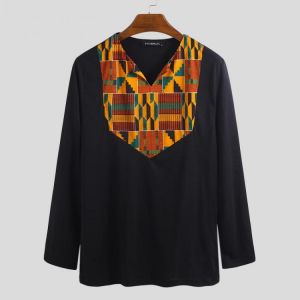 Men Long Sleeve Dashiki African Floral Shirts V Neck Long Sleeve Blouse Tops Tees
