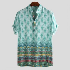 Mens Breathable Ethnic Printed Short Sleeve Henley Shirts