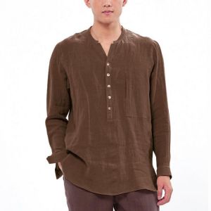 Mens Vintage Comfy Cotton Breathable V-neck Solid Color Loose Casual Buttons T Shirts