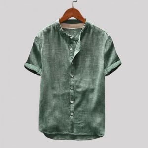 Mens Vintage Solid Color Single-breasted Stand Collar Short Sleeve Loose Casual Shirts