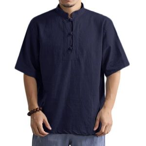 Men's Stand Collar Solid Color Loose T-Shirts Vintage Chinese Style Casual Buttons Tops