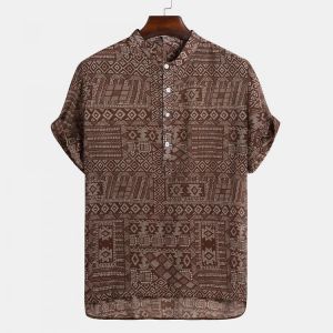 Mens Abstract Printing Ethnic Style Short Sleeve Loose Casual Henley Shirts