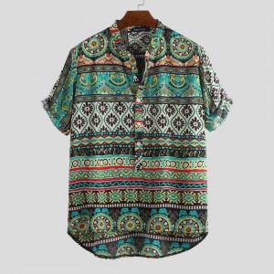 Mens Ethnic Colorful Printed Turn Down Collar Casual Henley Shirts