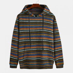 Fashion Hooded Solid Color Drawstring Long Sleeve Stripe Sweatshirt