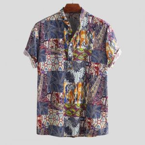 Mens Vintage Splicing Summer Thin Casual Loose Printing Henley Shirts