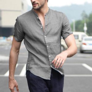 shopping חולצות וסוודרים Men Linen Short Sleeve Shirt Beach Loose Soft Casual Collarless Shirt Tops Blouse