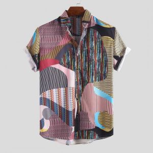 Men Colorful Irregular Pattern Mix Stripe Short Sleeve Shirts