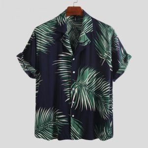 Mens Palm Leaf Printed Summer Casual Vacation Hawaiian Shirts